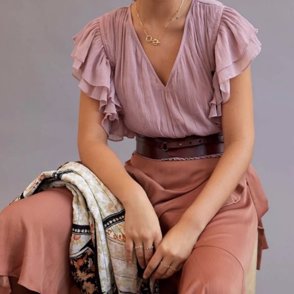 Anthropologie Dusty Mauve Ruffled Flutter Sleeve Top